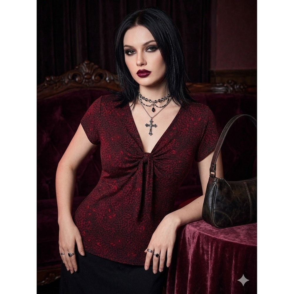 Womens Plus Sz 16W Red Black Floral Tie Blouse Ruched V Neck Whimsigoth Y2K